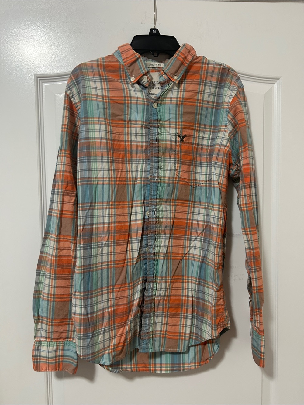 American Eagle Outfitters Orange & Light Blue Plaid Button-Down Shirt